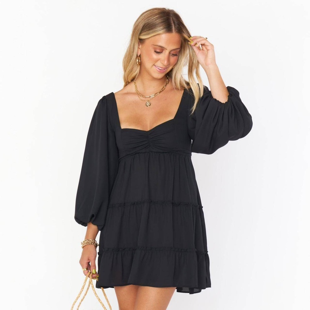 Show Me Your Mumu Mandi Mini Dress Size M Black Long Balloon Sleeve Smocked Back